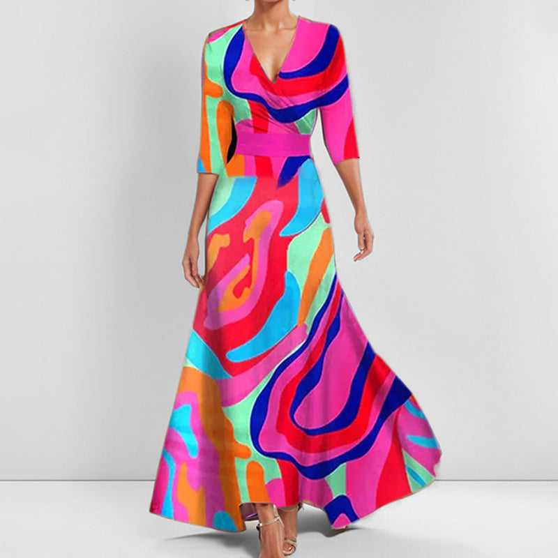 IvyShape | Elegant V-Neck Printed Tie Waist Flared Maxi Dress