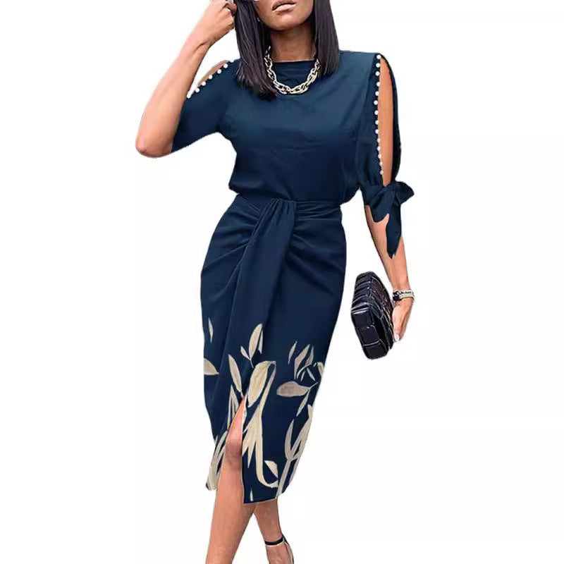 Elegant midi dress for women with stylish cut-out sleeves Ivyshape