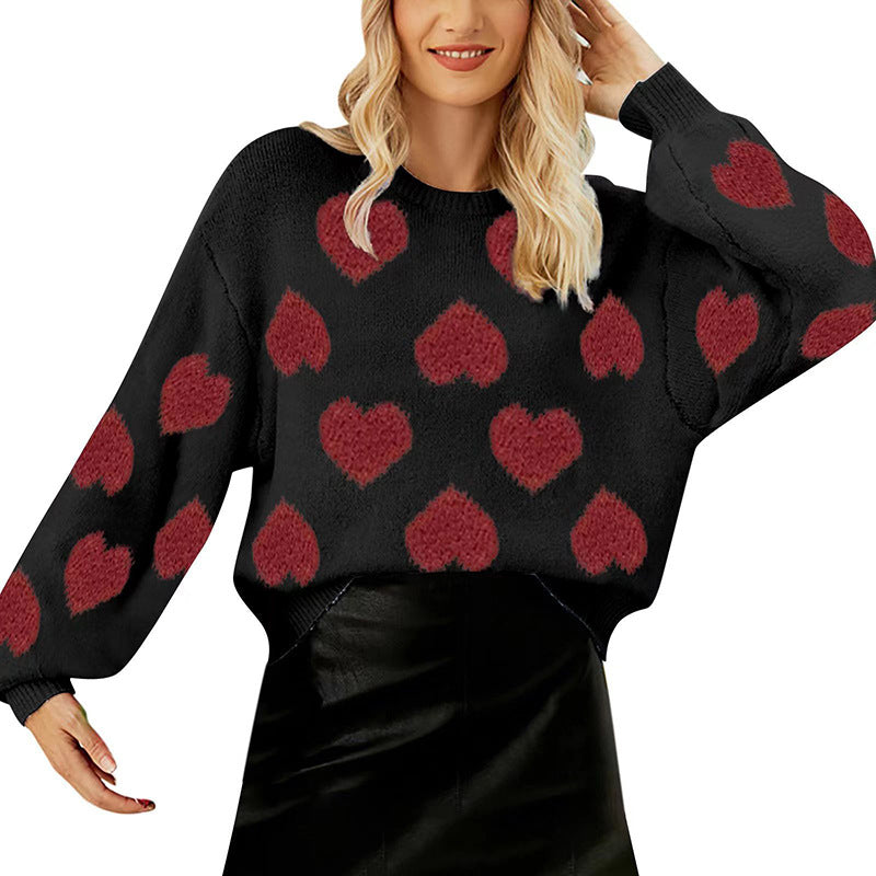 IvyShape | Puff sleeve heart jacquard pullover sweater