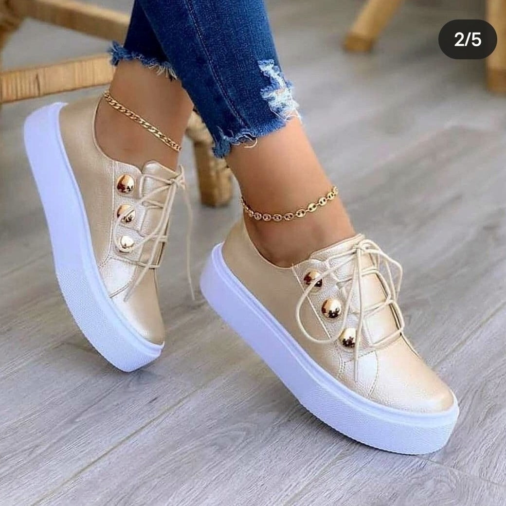 Ladies Fashion Platform Sneakers with Glossy Lacing Details and Breathable Upper Material Ivyshape