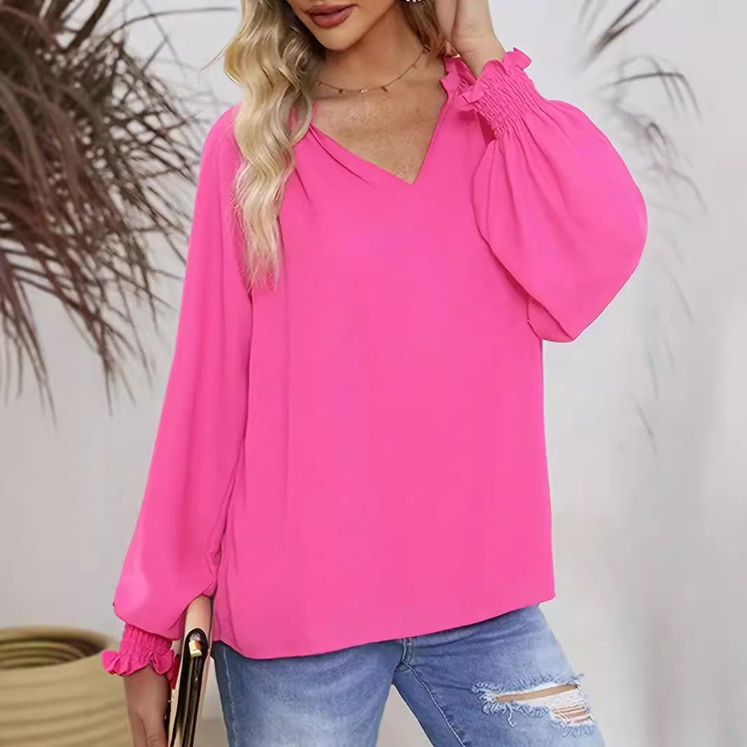 Women Elegant V-Neck Blouse with Puff Sleeves Ivyshape