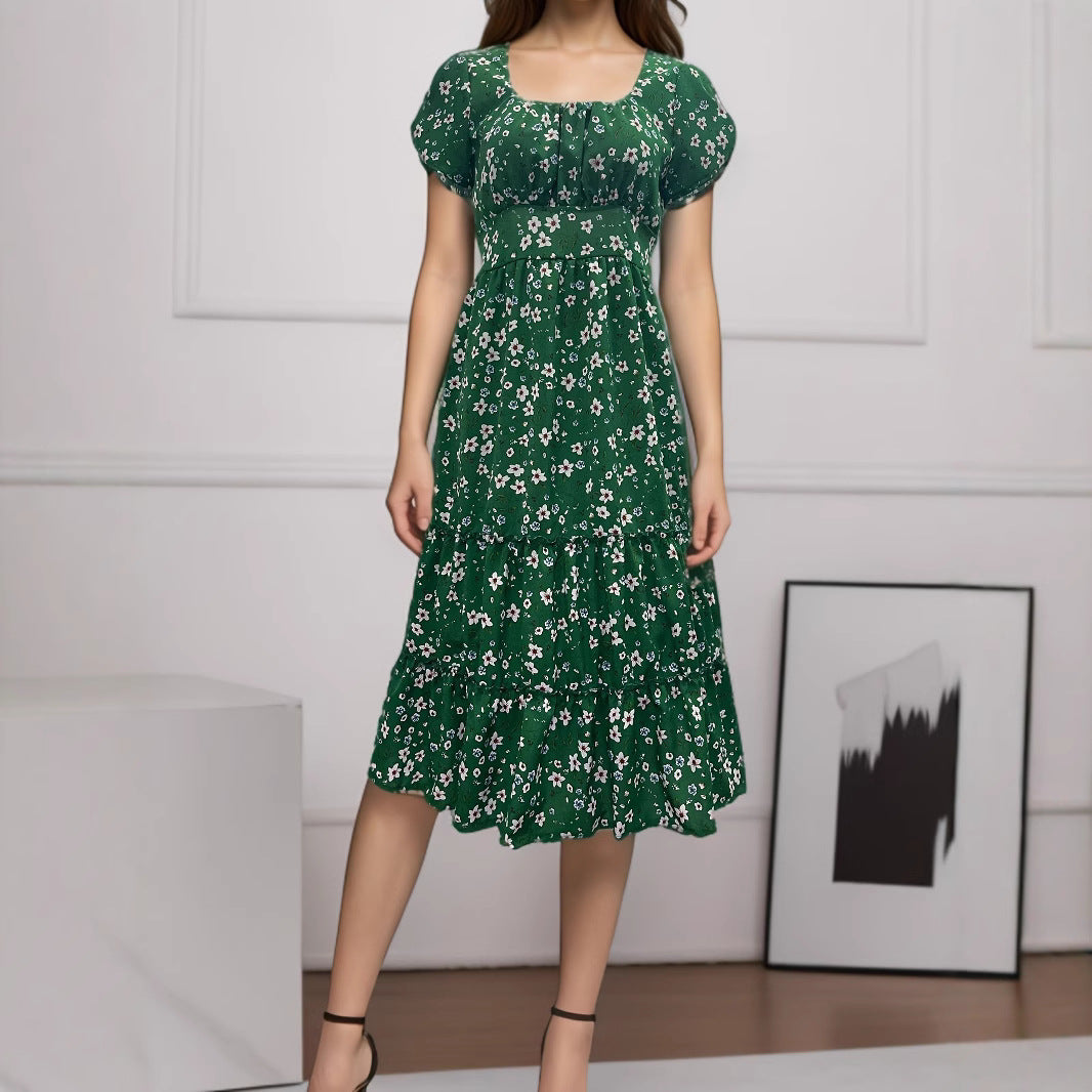 IvyShape | Square Neck Puff Sleeve Floral Elastic Waist Maxi Dress