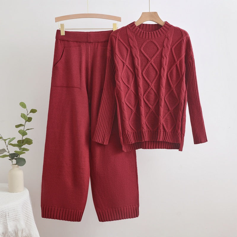 IvyShape | Twisted knit sweater and wide pants set