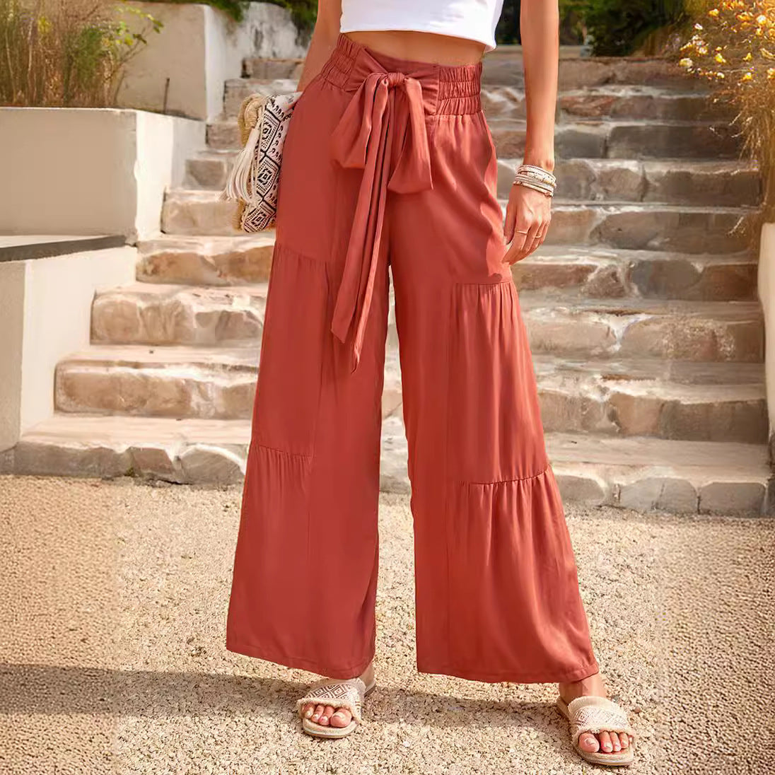 Women's loose Palazzo pants with waist lacing and practical pockets Ivyshape
