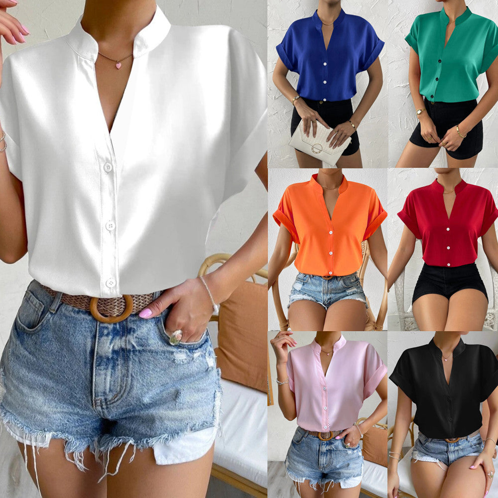 Women Elegant Short Sleeve Blouse with Stand Collar and Subtle Button Details Ivyshape