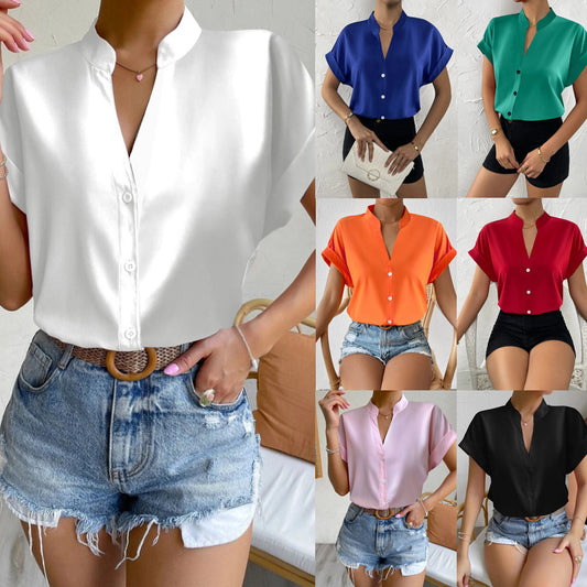 Women Elegant Short Sleeve Blouse with Stand Collar and Subtle Button Details Ivyshape