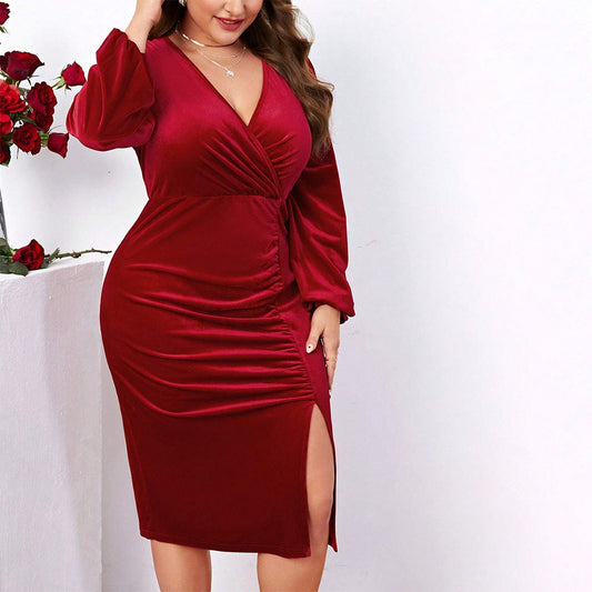 Women elegant wrap dress with gathering and high slit Ivyshape