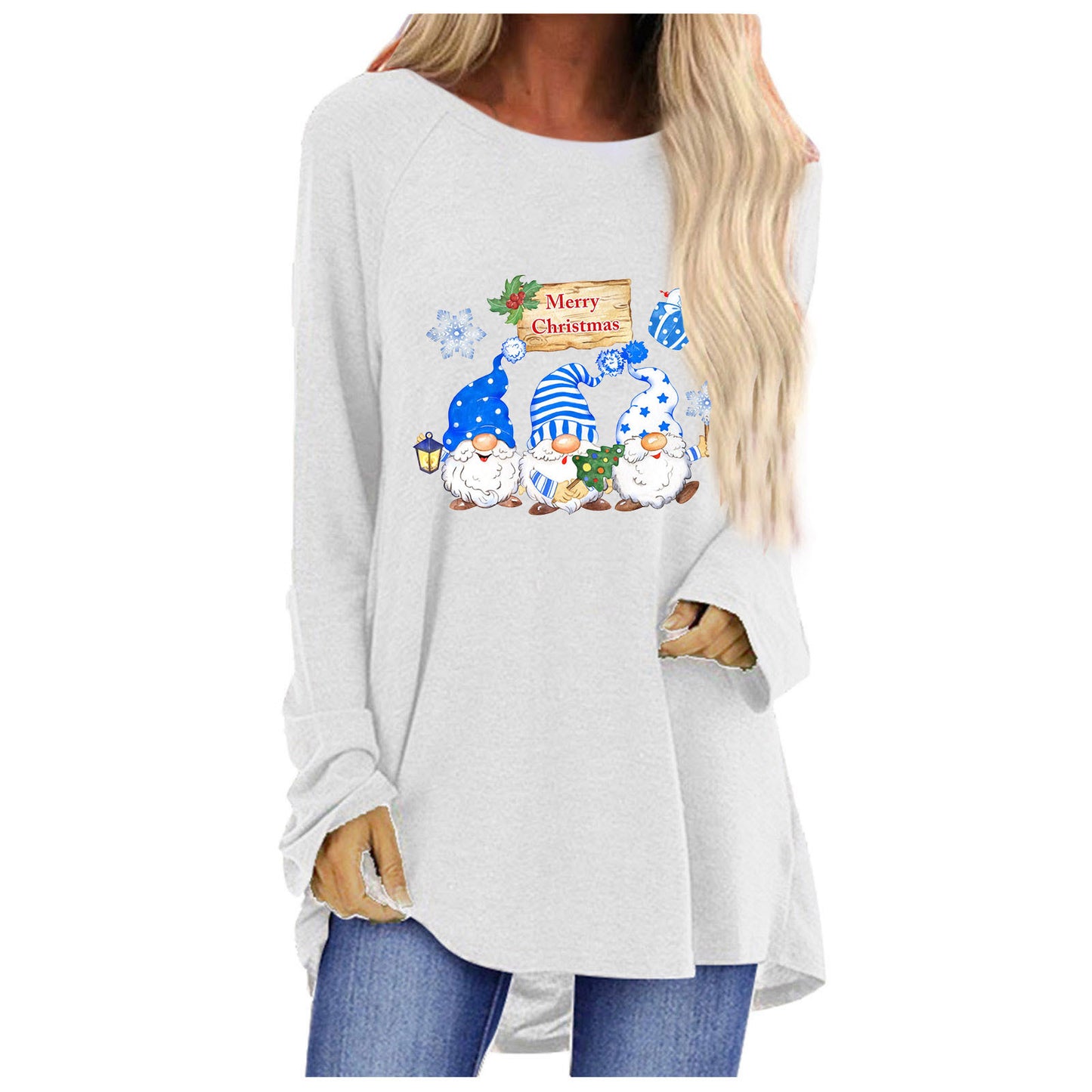Women Oversized Long Sleeve Shirt with Festive Gnome Motif Ivyshape