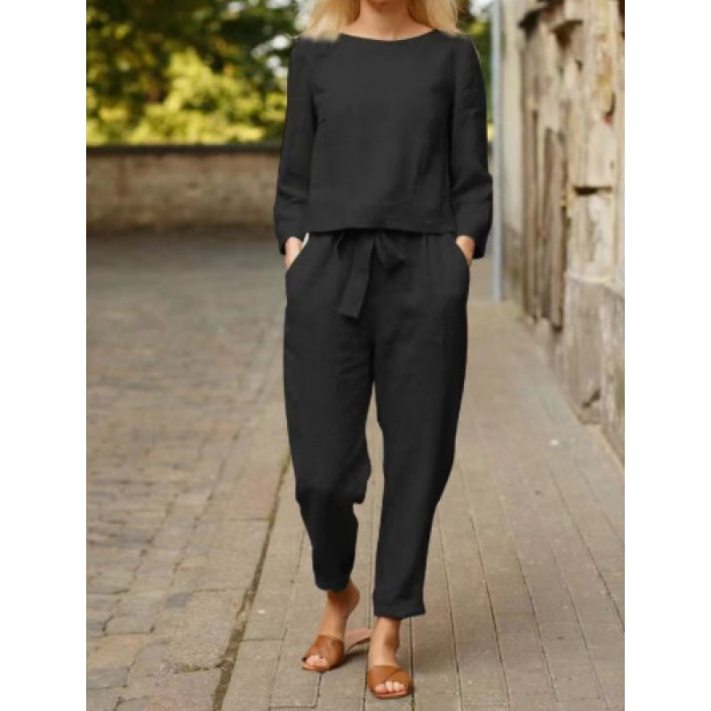 Women's Casual Linen Set with Elegant Top and Loose Pants Ivyshape