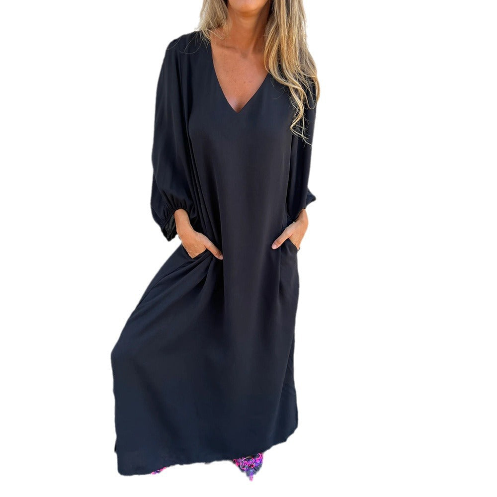 Women's maxi dress with deep V-neck and casual pockets Ivyshape