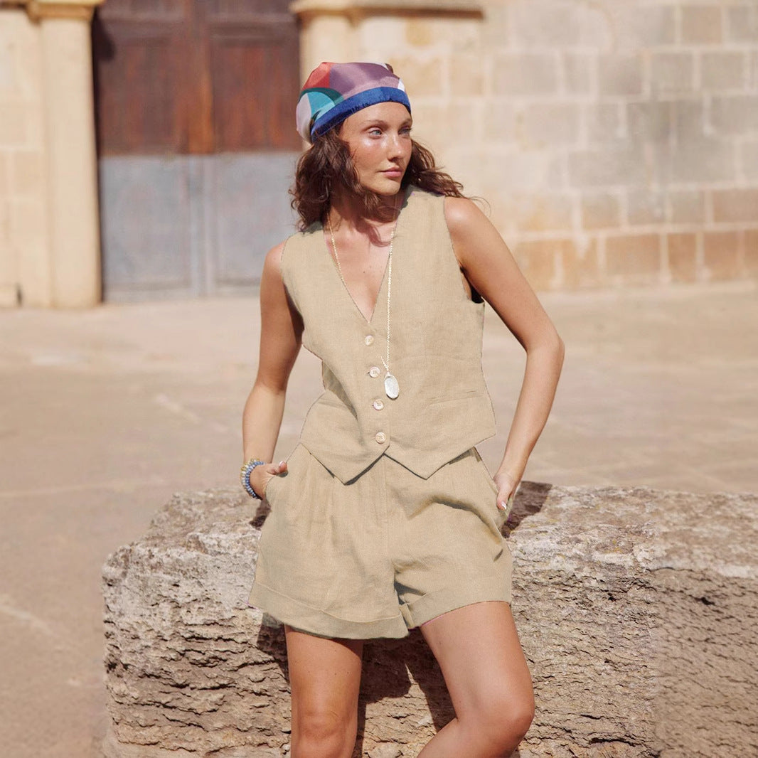 Ladies Two-Piece Linen Set with Fitted Vest and Shorts Ivyshape