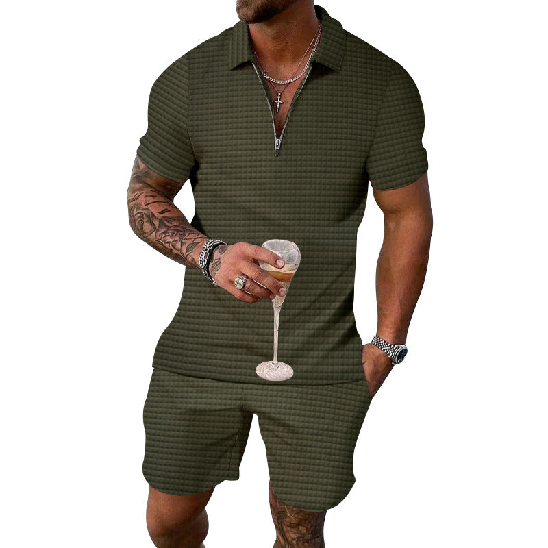 Men's fashionable short sleeve set with narrow collar and practical zipper Ivyshape