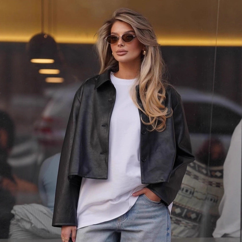 Women Fashionable cropped Faux Leather Jacket with Stylish Details Ivyshape