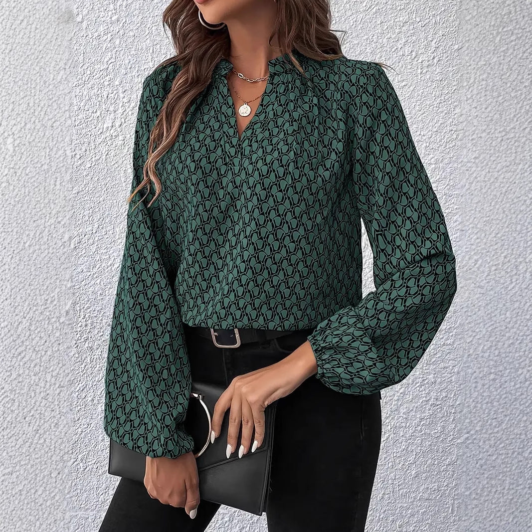 Women's blouse with modern geometric pattern and elegant collar area Ivyshape