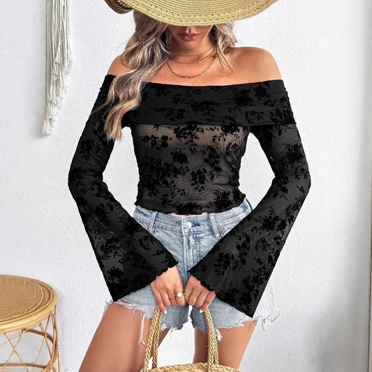 IvyShape | Printed Off-Shoulder Flare Sleeve Fitted T-Shirt