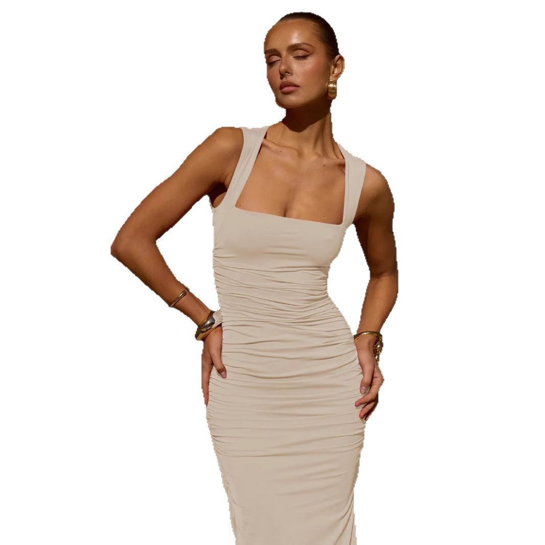 IvyShape | Slit Fitted Square Neck Sleeveless Pleated Summer Dress