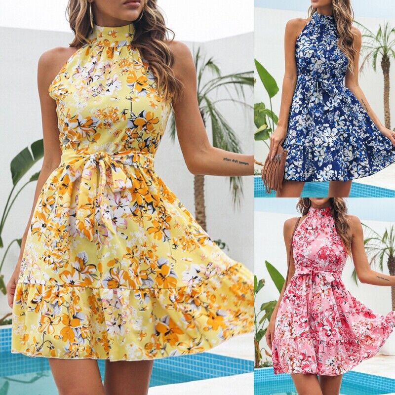 Women's Playful Floral Dress with High Collar and Ruffled Hem Ivyshape