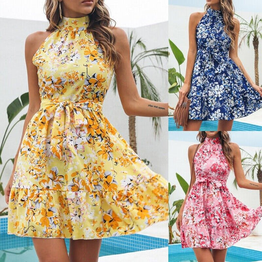 Women's Playful Floral Dress with High Collar and Ruffled Hem Ivyshape