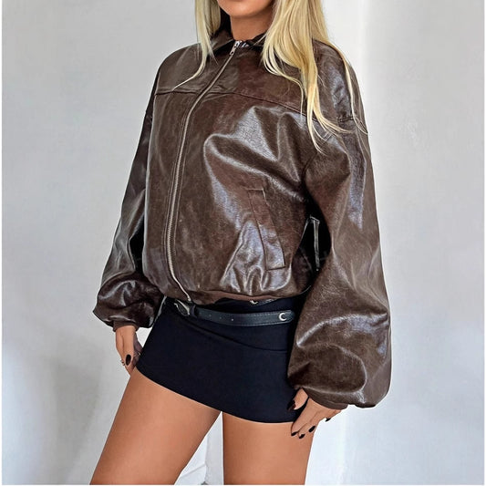 Women Faux Leather Bomber Jacket Ivyshape