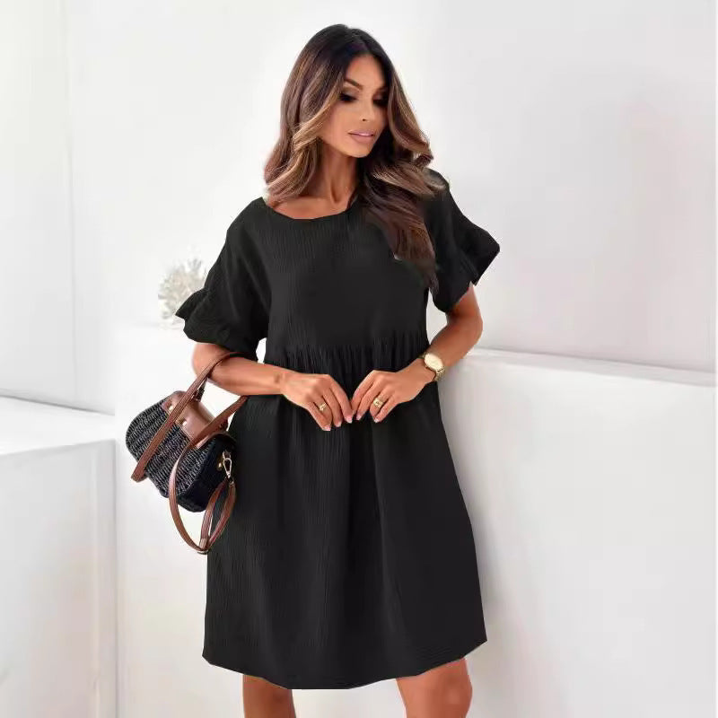Women's casual summer dress with elastic waist drawstring and short sleeves Ivyshape