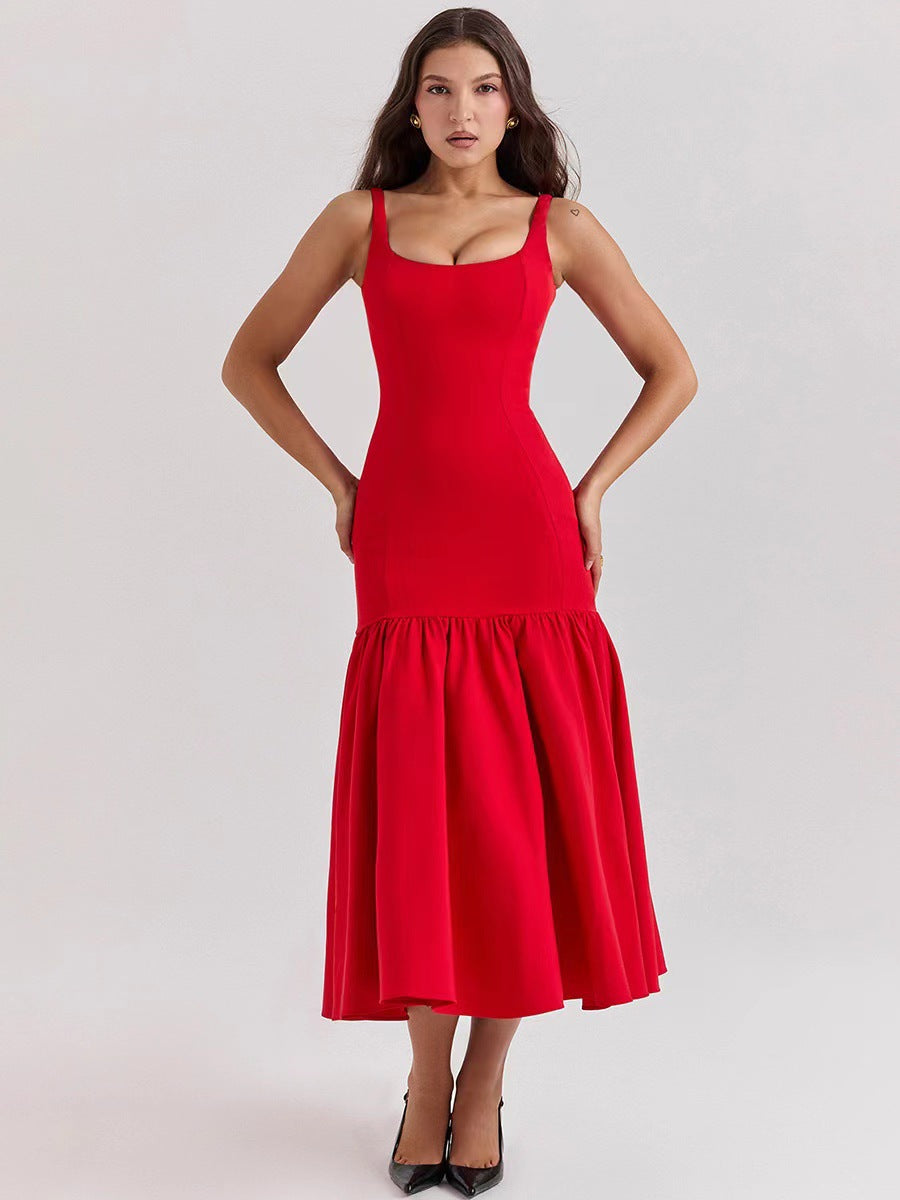 Women Figure-hugging Dress with Flowing Skirt and Off-shoulder Straps Ivyshape