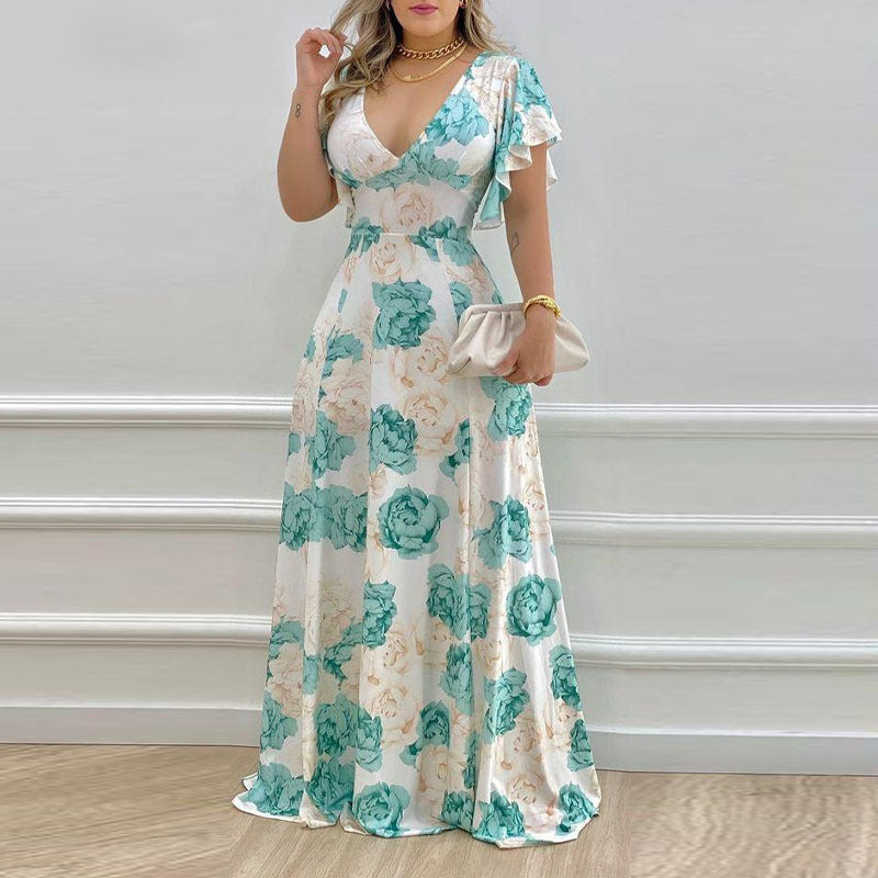 IvyShape | Elegant V-neck Flounced Sleeves Printed Flared Dress