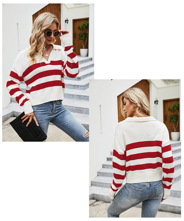 IvyShape | Striped Long Sleeve Polo Knitted Top