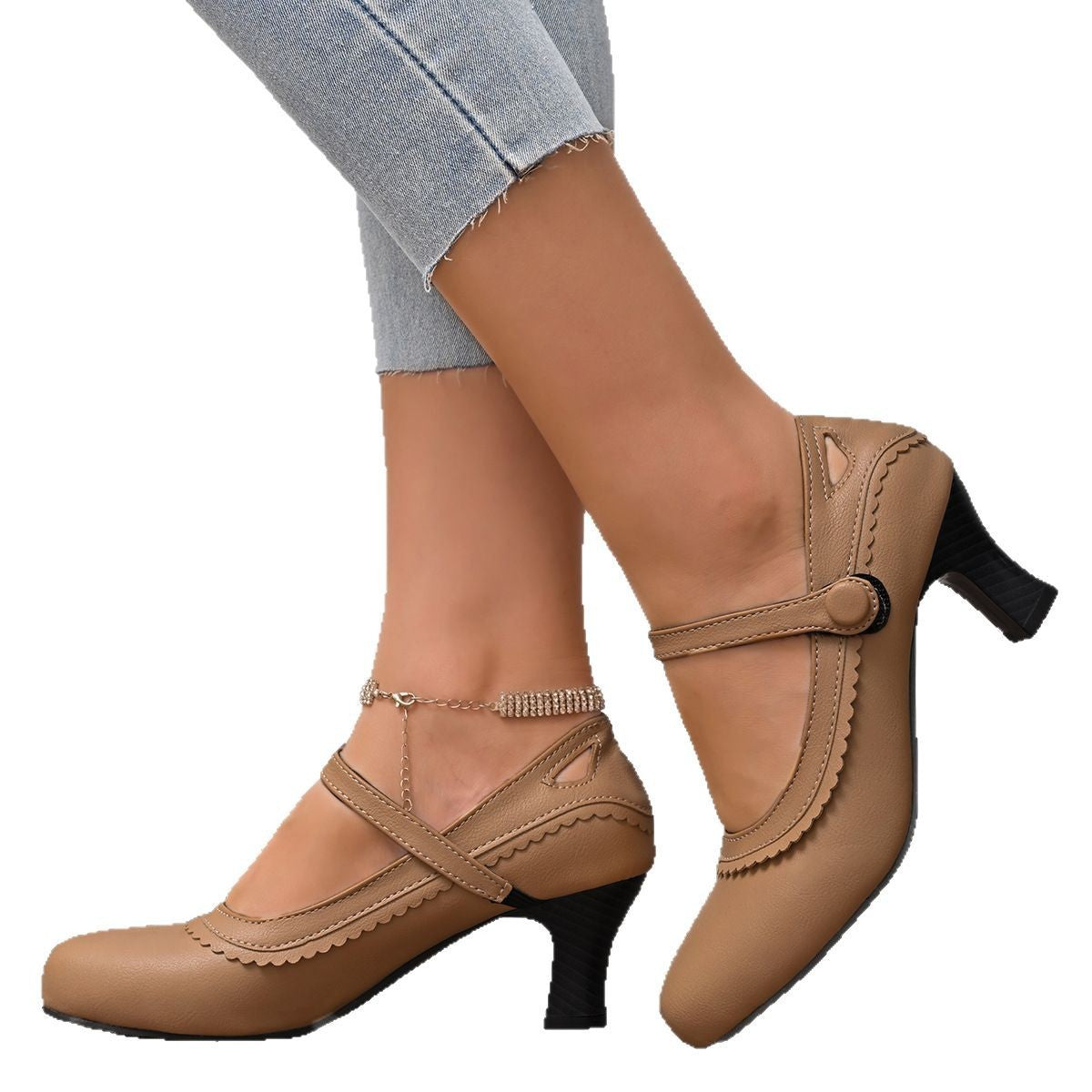 Ladies Elegant Mary Jane Heels with Decorative Straps and Anatomical Footbed Ivyshape
