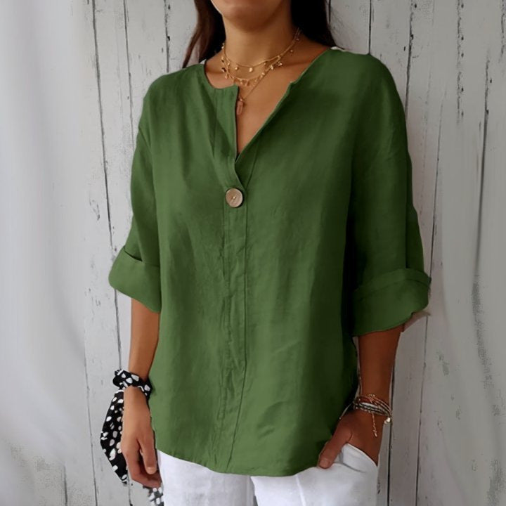 IvyShape | V-Neck Cotton Linen Button Shirt Top