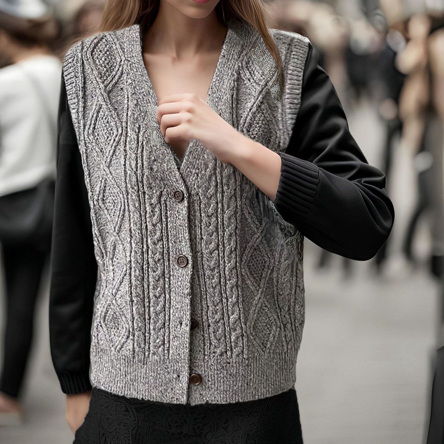 Women's knitted vest with intricate cable pattern and button details Ivyshape