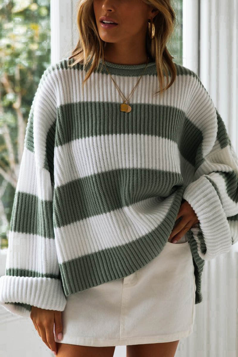 IvyShape | Rolled Edge Round Neck Striped Color Block Sweater