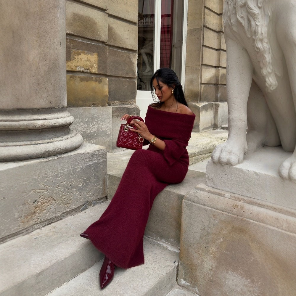 Women's Knit Maxi Dress with Off-Shoulder Neckline and Voluminous Sleeves Ivyshape