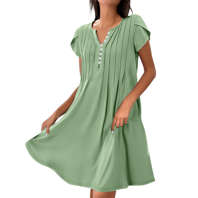 Women's Casual Short Sleeve Dress with Pleated Details and Button Placket Ivyshape