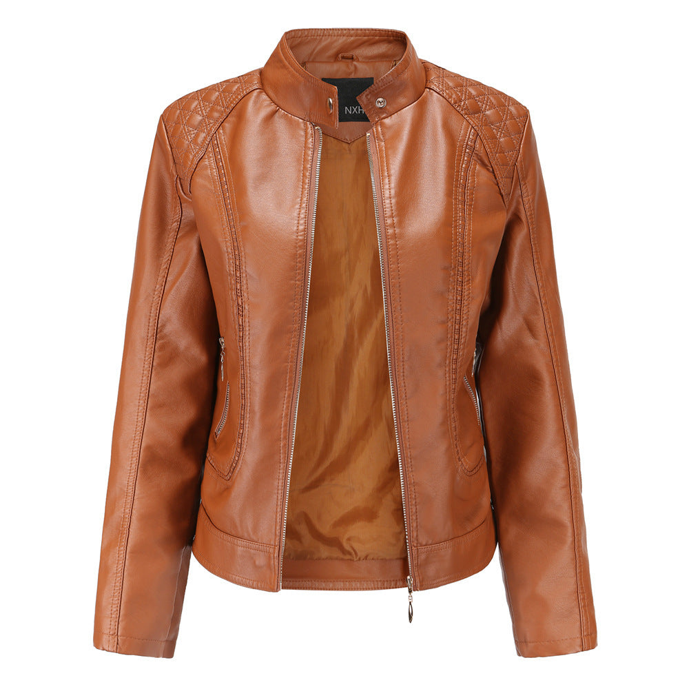 Women's Faux Leather Jacket with Fashionable Quilted Details Ivyshape