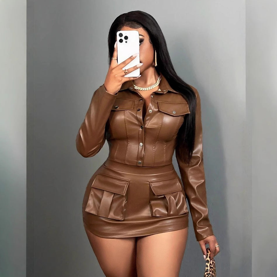 Women Faux Leather Mini Dress with Practical Flap Pockets Ivyshape