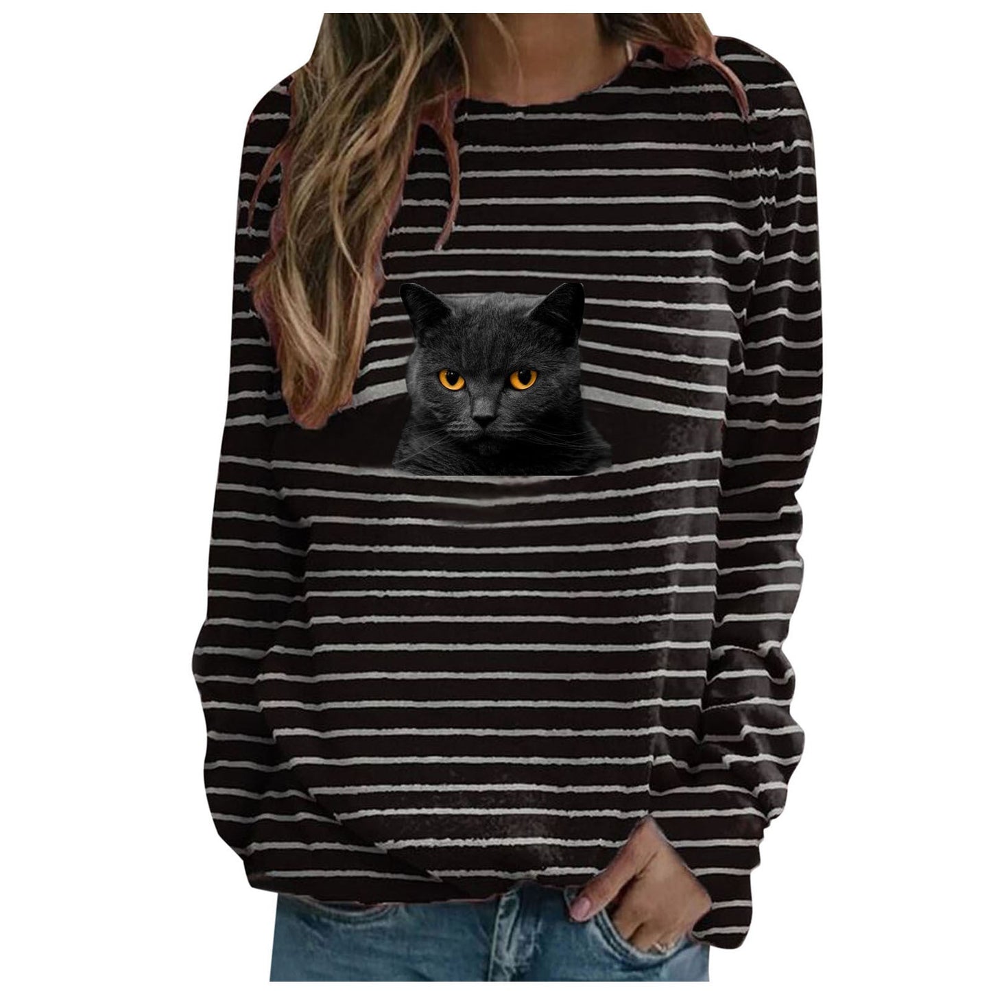 IvyShape | Playful Cat Print Striped Women's T-Shirt