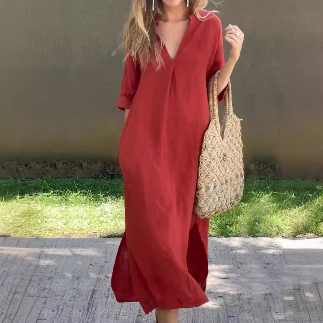 Women casual maxi dress with V-neck Ivyshape