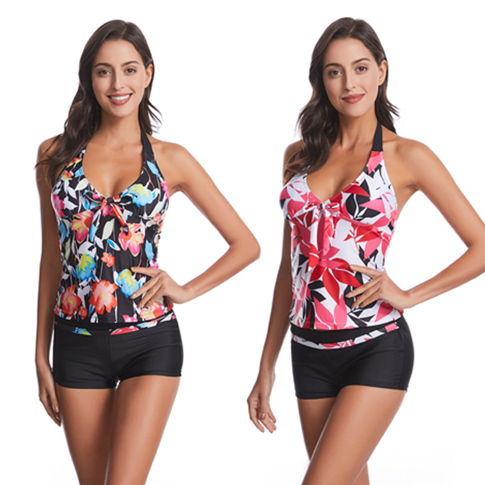 Women’s Tankini Set with Floral Design and Fashionable Knot Ivyshape