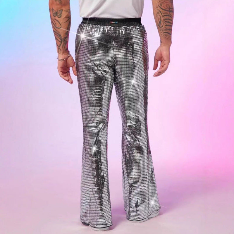 Men's Shiny Disco Pants with Wide Leg and Elastic Waist Ivyshape