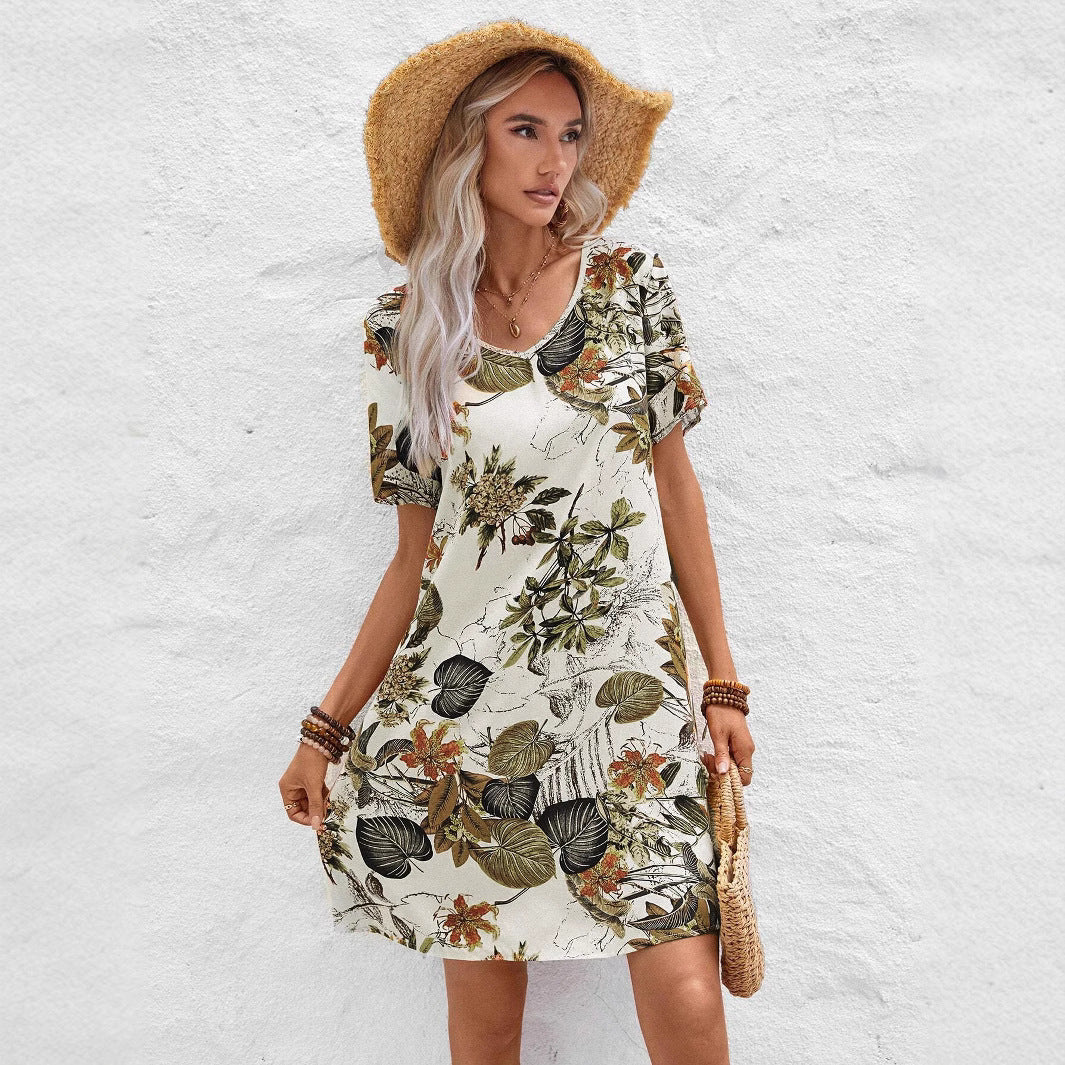 IvyShape | Floral V-Neck Short Sleeve Women's Dress