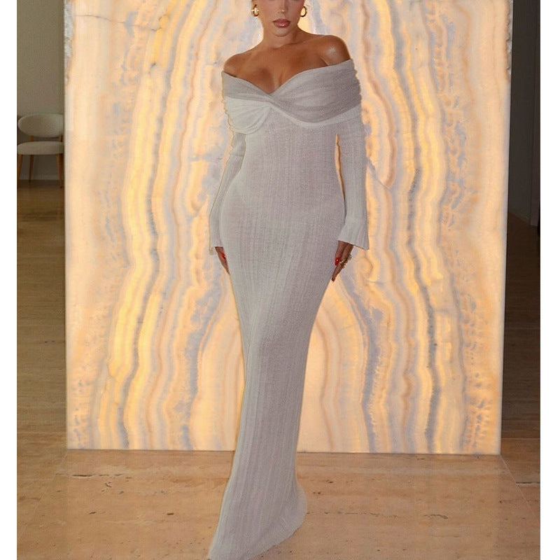 Women Figure-hugging Evening Dress with Off-Shoulder Design and Long Sleeves Ivyshape