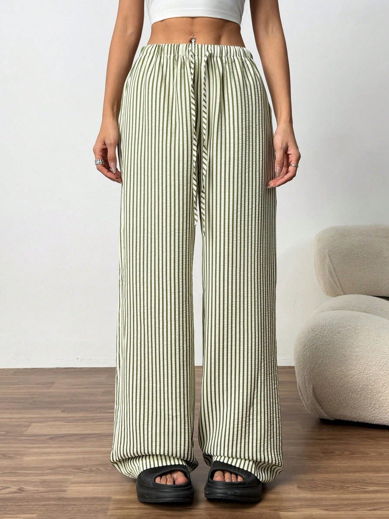 Women's Wide Cut Striped Trousers with Elastic Waistband and Tie Ivyshape