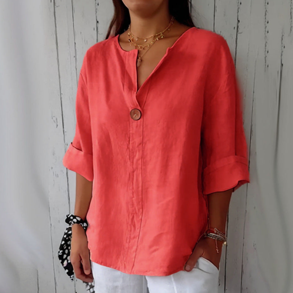 IvyShape | V-Neck Cotton Linen Button Shirt Top