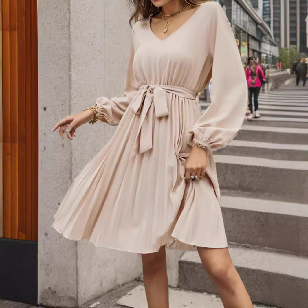 IvyShape | Solid V-Neck Tie Pleated Long Sleeve Dress