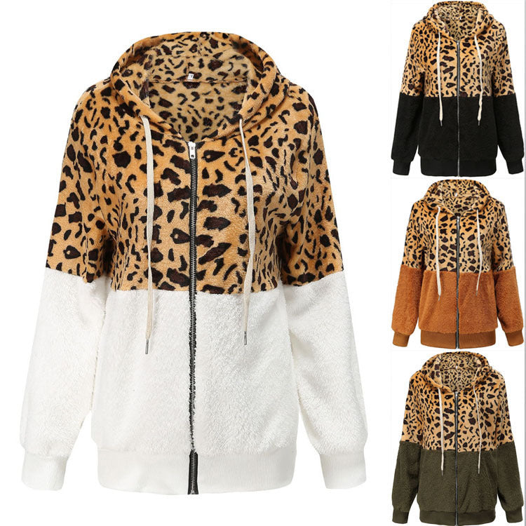 Women's Fashion Fleece Hoodie with Animal Print and Contrast Details Ivyshape