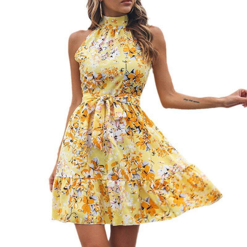 Women's Playful Floral Dress with High Collar and Ruffled Hem Ivyshape
