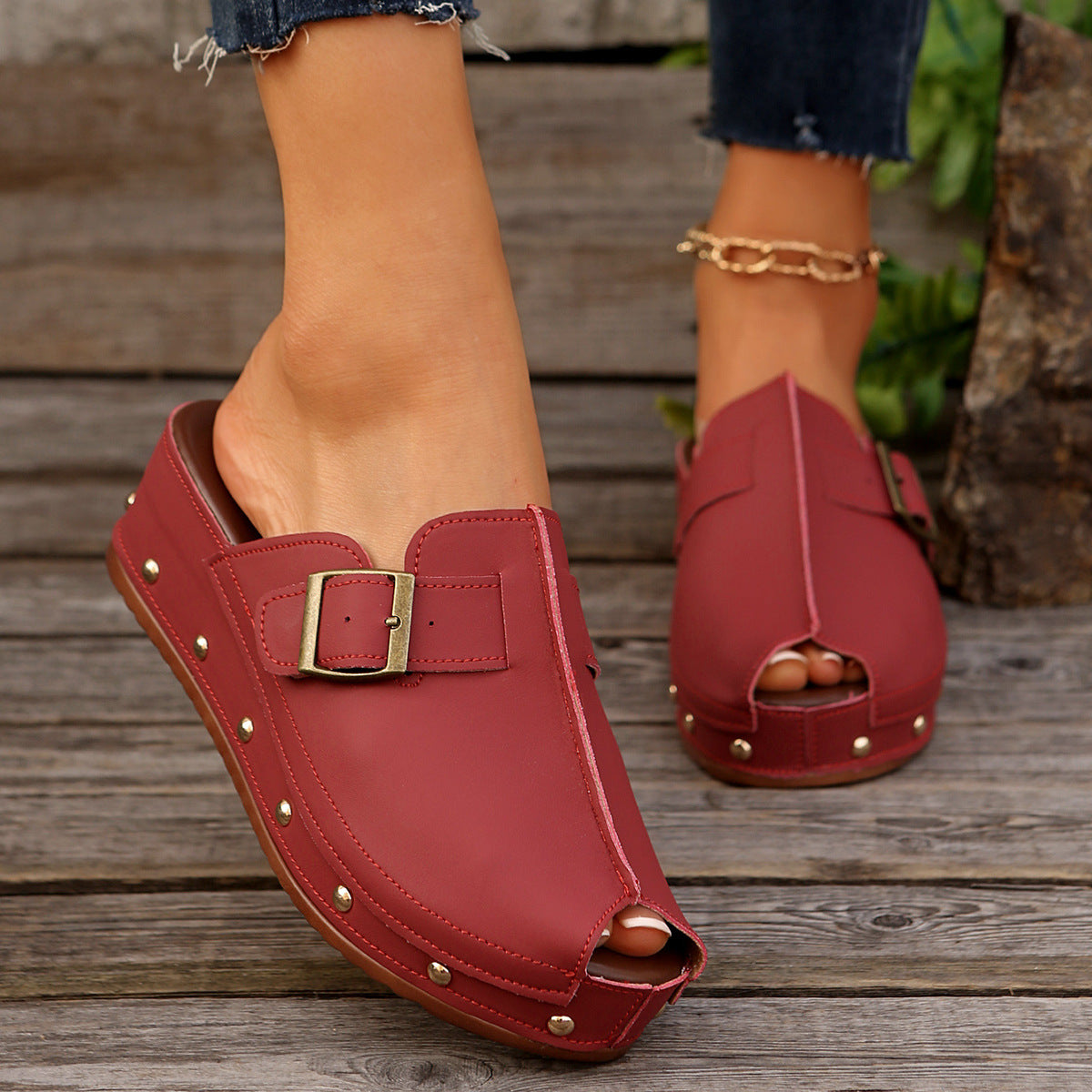Ladies Wedge Slides with fashionable metal closure and elegant decorative studs Ivyshape