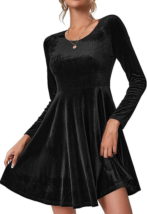Ladies fine velvet dress with a wide skirt and long sleeves Ivyshape