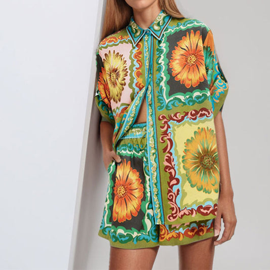 IvyShape | Printed Lapel Shirt and Shorts Fashion Set