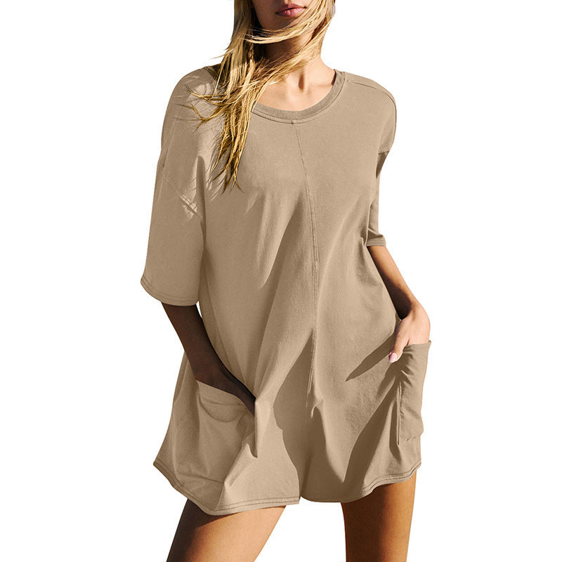 IvyShape | Women's Short Sleeve Backless V-Neck Loose Pocket Jumpsuit